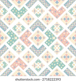 Seamless geometric pattern with pastel diamonds and chevrons. Vector illustration of abstract pixel art style background. Cute ethnic tile design with cross stitch elements for wallpaper and fabric.