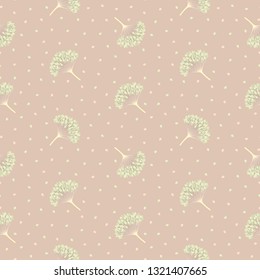Seamless geometric pattern with pastel green and ivory viburnum berries on soft brown background. Neutral, pale, cream colors. Repeat light botanical pattern. Vector illustration.
