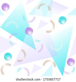Seamless geometric pattern. Pastel green, lilac, blue and golden geometric elements on a white background. Vector abstract background.