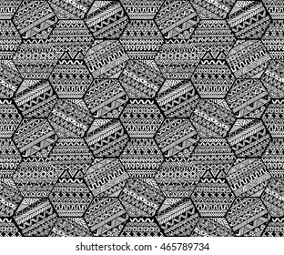 Seamless geometric pattern in patchwork style. Zentangle ornament. Ethnic and tribal motifs. Print painted by hand. Vector illustration.