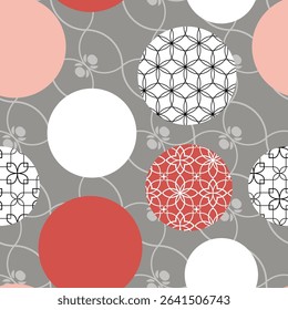 Seamless geometric pattern with patterned and pink circles on a gray background. Vector graphics.