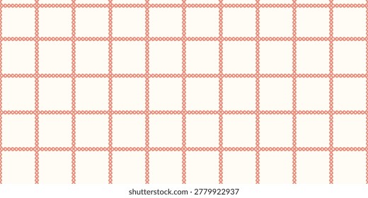 Seamless geometric pattern of peach coral stitched lines forming a grid on an off-white background.
