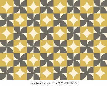 Seamless geometric pattern with petal shapes, repeating mustard and charcoal floral tile background for textile print, digital wallpaper, modern mid-century design for sophisticated surface decoration