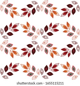 Seamless, geometric pattern of petals and leaves. Abstract background Vector illustration. Design for fabric, packaging, textile, paper, wallpaper, decorative print, ceramics.