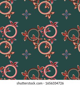 Seamless, geometric pattern of petals and leaves. Abstract background vector illustration. Design for fabric, packaging, textile, paper, wallpaper, decorative printing, ceramics. Ornament.