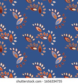Seamless, geometric pattern of petals and leaves. Abstract background vector illustration. Design for fabric, packaging, textile, paper, wallpaper, decorative printing, ceramics. Ornament.