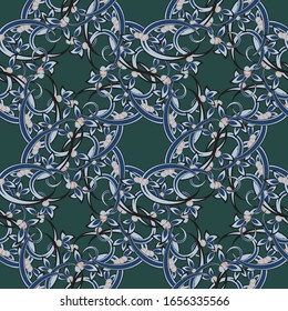 Nahtlose, geometrische Muster von Blättern und Blättern. Abstrakte Vektorillustration auf dem Hintergrund. Design für Stoff, Verpackung, Textilien, Papier, Tapete, dekorative Bedruckung, Keramik.