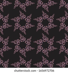Seamless, geometric pattern of petals and leaves. Abstract background Vector illustration. Design for fabric, packaging, textile, paper, wallpaper, decorative print, ceramics.