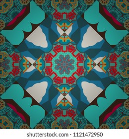 Seamless geometric pattern of pink, blue and yellow tiles.