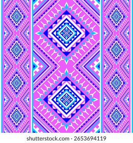 A seamless geometric pattern in pink blue and white Features diamonds and tribal inspired elements