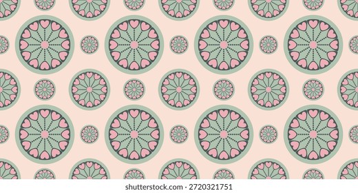 Padrão geométrico contínuo com corações cor-de-rosa e linhas pontilhadas dentro do círculo, design têxtil, design de envoltório de presente, cartões, harmonia, unidade.
