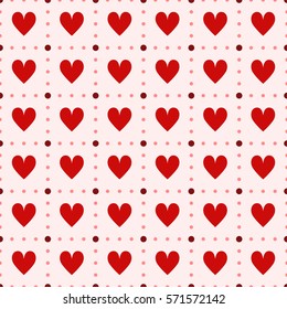Seamless geometric pattern with pink hearts and dots