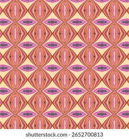 Nahtloses geometrisches Muster in Rosa-, Orange- und Beigetönen mit symmetrischem Diamanten und augenähnlichen Formen. Perfekt für textile, Tapeten und digitale Hintergründe.