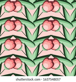 Seamless geometric pattern with pink repeating flowers. Vector delicate texture on a gray background for textiles, fabrics, shoes, wrapping paper, napkins, phone cases, bags.