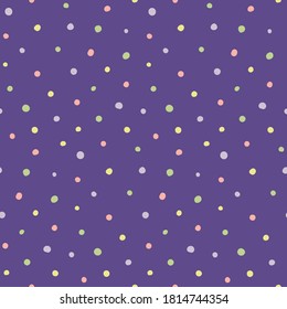 Seamless geometric pattern with pink, yellow, green polka dots on violet background. Hand drawn vector illustration. Scandinavian style flat design. Concept kids textile print, wallpaper, packaging.