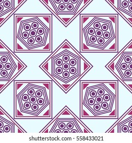 Seamless geometric pattern, pink,maroon, purple rhombus and a square with a flower on a blue background, vector illustration 