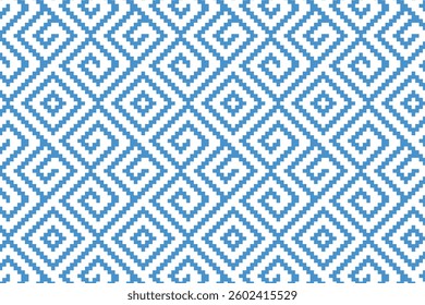 Seamless geometric pattern with pixel art style, featuring intricate diamond and spiral motifs. Perfect for textiles, wallpapers, packaging, and digital backgrounds.