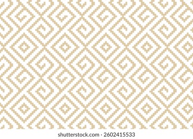 Seamless geometric pattern with pixel art style, featuring intricate diamond and spiral motifs. Perfect for textiles, wallpapers, packaging, and digital backgrounds.
