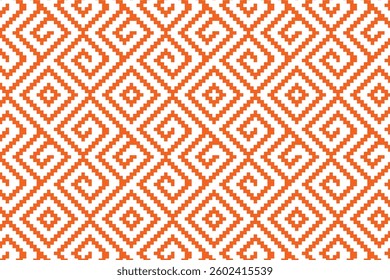 Seamless geometric pattern with pixel art style, featuring intricate diamond and spiral motifs. Perfect for textiles, wallpapers, packaging, and digital backgrounds.