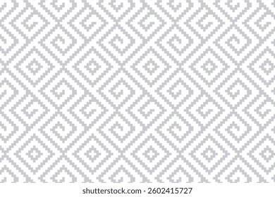 Seamless geometric pattern with pixel art style, featuring intricate diamond and spiral motifs. Perfect for textiles, wallpapers, packaging, and digital backgrounds.