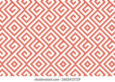 Seamless geometric pattern with pixel art style, featuring intricate diamond and spiral motifs. Perfect for textiles, wallpapers, packaging, and digital backgrounds.