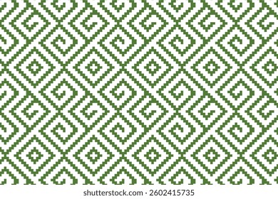 Seamless geometric pattern with pixel art style, featuring intricate diamond and spiral motifs. Perfect for textiles, wallpapers, packaging, and digital backgrounds.