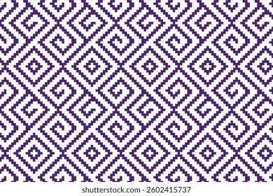 Seamless geometric pattern with pixel art style, featuring intricate diamond and spiral motifs. Perfect for textiles, wallpapers, packaging, and digital backgrounds.