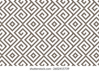 Seamless geometric pattern with pixel art style, featuring intricate diamond and spiral motifs. Perfect for textiles, wallpapers, packaging, and digital backgrounds.