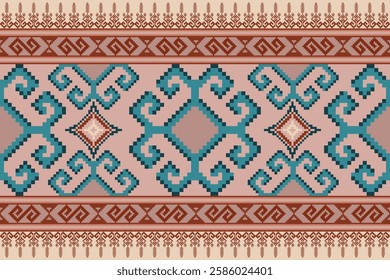 Seamless geometric pattern . pixel pattern. Design for clothing fabric textile ornamentation embroidery Hand stitched pattern . cultural stitching pixel art , Cross stitch pattern