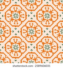 Seamless geometric pattern . pixel pattern. Design for clothing fabric textile ornamentation embroidery Hand stitched pattern . cultural stitching pixel art , Cross stitch pattern