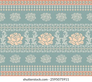 Seamless geometric pattern . pixel pattern. Design for clothing fabric textile ornamentation embroidery Hand stitched pattern . cultural stitching pixel art , Cross stitch pattern