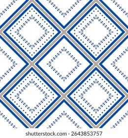 Seamless geometric pattern of pixel in diamond shapes. Abstract pattern of bold blue and gray. Concept of minimal, aesthetics, modern, repeat, motifs for wallpaper, textiles, cloth texture, vector.