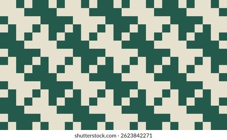 Patrón geométrico sin fisuras con diseño pixelado de escalón en verde oscuro sobre fondo crema