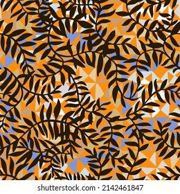 Seamless geometric pattern with plant leaves overlay on triangles texture. Botanical print with Kaleidoscope background. Optic  Multicolor triangular texture. Mosaic print. 