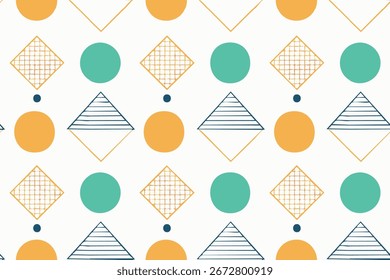 Seamless geometric pattern with playful circles and triangle shapes in a modern abstract style. Perfect for backgrounds, packaging, stationery, and contemporary design projects.