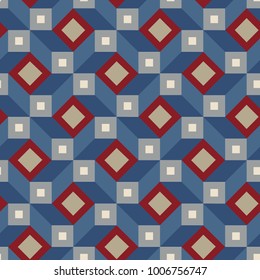 seamless geometric pattern playing with squares in blue red and grey