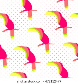 Seamless geometric pattern polka dot with color toucans. Vector summer background