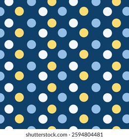 Seamless geometric pattern with polka dots on a blue background. Simple geometric shapes. Vector illustration