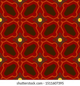 Seamless Geometric Pattern Of Polygons. Orange and Brown Pattern On A Red Background. For Pattern, Textile, Fabric, Wrapping Paper, Engraving And Laser Cutting. Vector Background.