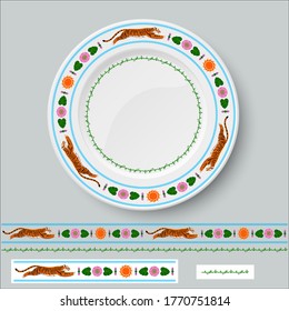 Seamless geometric pattern for porcelain plate design. Tiger in a jump surrounded by an Asian ornament with a lotus and the sun. Plate for interior design