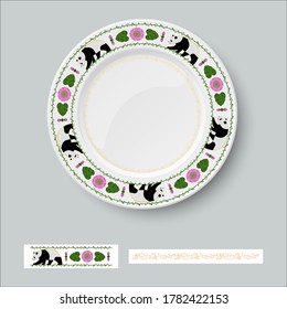 Patrón geométrico sin foco para el diseño de placas de porcelana. Un panda rodeado de un adorno asiático con un loto. Planta para el diseño interior