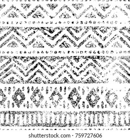 Seamless geometric pattern. Print for your textile. Ethnic and tribal motifs. Black and white ornament. Grungy texture. Vector illustrations.