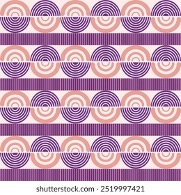 Seamless geometric pattern with purple circles and wavy lines on a white background 