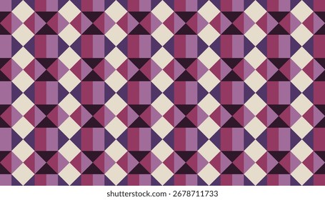 Seamless geometric pattern in purple and cream tones, featuring diamond shapes and striped blocks, ideal for textiles, wallpapers, and digital backgrounds