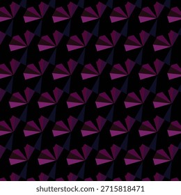 Seamless geometric pattern with purple and dark blue fan shapes on black background ideal for design and decor.