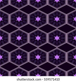 seamless geometric pattern, purple hexagon with a star on a black background, vector illustration 