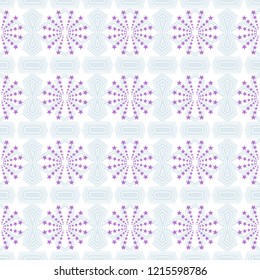 Seamless geometric pattern of purple stars and gray polygon shapes on white background. Flat design vector illustration, EPS10. Use as background, wallpaper, gift wrap paper, tile, or fabric prints.