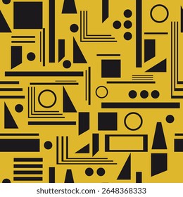 Seamless geometric pattern. Of randomly arranged various figures and lines on a yellow background. Vector illustration for the design of your spectacular geometric designs and textile prints.