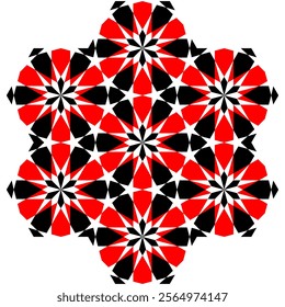 Seamless geometric pattern with red and black star motifs in a symmetric tessellation, inspired by Islamic art and traditional designs, featuring bold contrasts and intricate details.