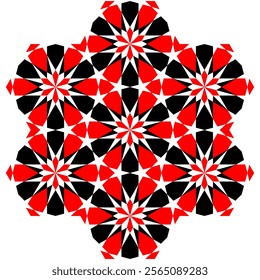 Seamless geometric pattern with red and black star motifs in a symmetric tessellation, inspired by Islamic art and traditional designs, featuring bold contrasts and intricate details.